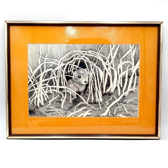 Chipmunk Wall Art Framed Groundhog Pen And Ink Drawing Signed 20 x 15 Cute Anima - Picture 1 of 10